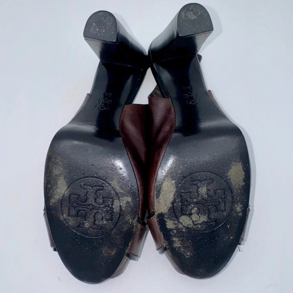 Tory Burch Dark Brown Leather Peep Toe 8M Slingback Block Heel Pumps